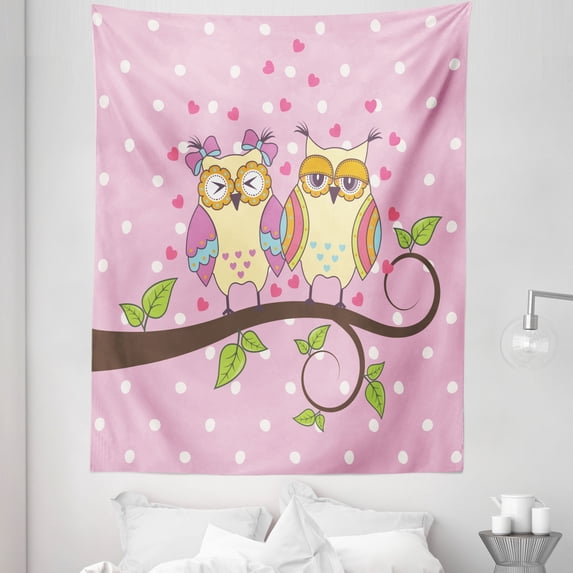 Owls Tapestry, Owls in Love on Branch Polkadots Leaves Hearts Romance Theme, Fabric Wall Hanging Decor for Bedroom Living Room Dorm, 5 Sizes, Pale Yellow Apple Green, by Ambesonne
