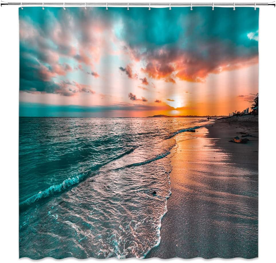 Ocean Sunset Shower Curtain Teal Orange Beach Sky Tropical Hawaii Palm