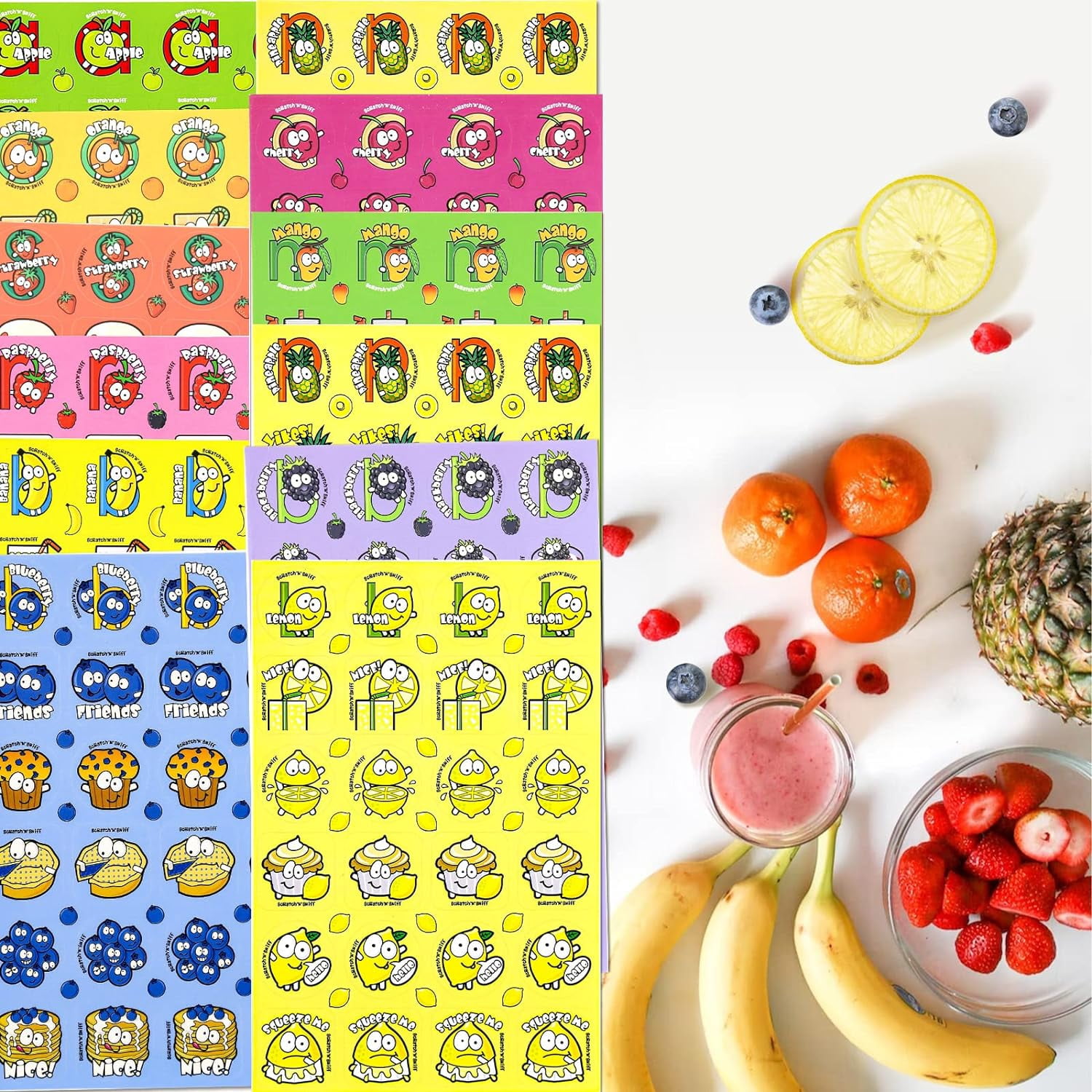 Scratch and Sniff Stickers, 1152 Pieces Fruits and Foods Snacks Smelly Stickers, 24 Different Scents, 48 Sheets, 144 Designs, Reward Motivate Stickers for Kids, Crafts, Party Favor, Gift