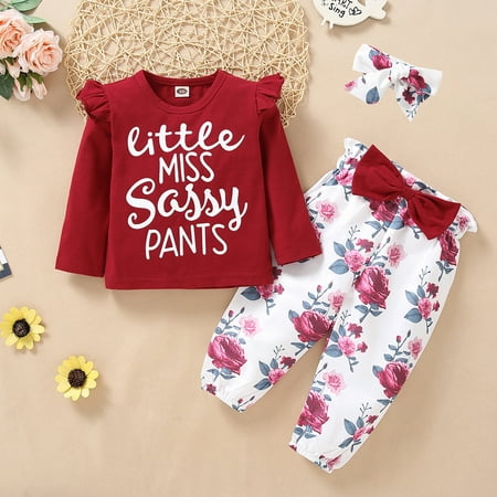 

Simplmasygenix Baby Tops Set Summer Outfits Newborn Infant Baby Girl Long Sleeve Ruffle Solid Tops+Floral Bowknot Pants Set