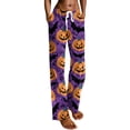 thumbnail image 5 of WTOBBY Women's Seasonal Halloween Print Casual Pants with Drawstring Waist, Comfortable Loose Fit Trousers for Fall Theme Activities,Purple S, 5 of 8