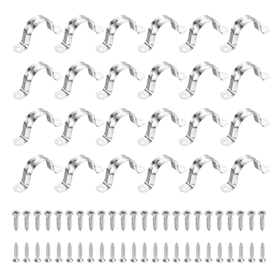 Uxcell 24Pcs 45mm(1-3/4")304 Stainless Steel Rigid Pipe Strap, Two Hole Strap U Bracket Heavy Duty Pipe Conduit Clamp with Self-Tapping Screws for Hose Wire Installation, Silver