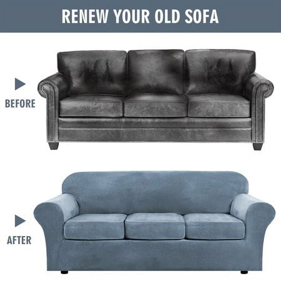JIAN YA NA Stretch Velvet Sofa Covers Large Couch Covers Sofa Slipcovers with Seperate Seat Cushion Covers(Gray Blue, Sofa Cover)