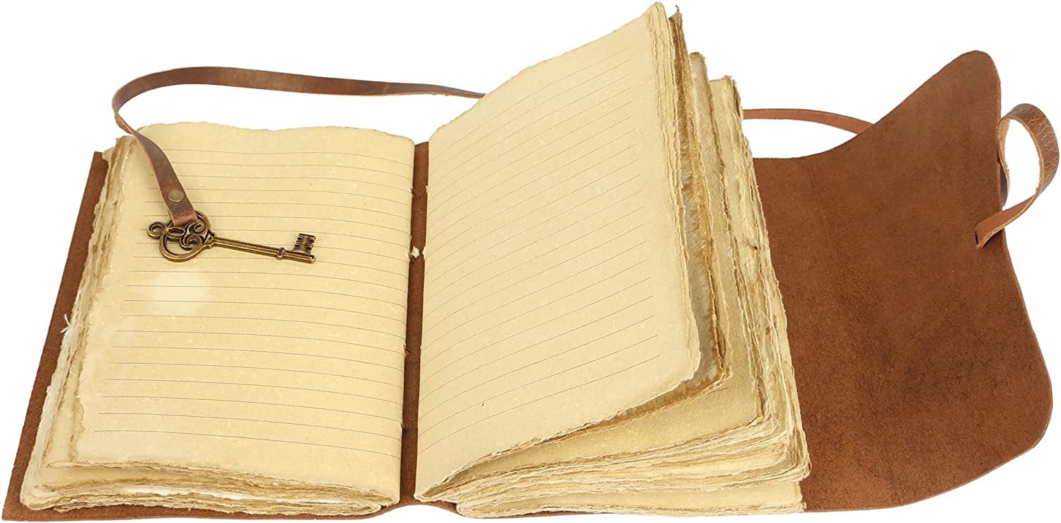 Leather Journal with lined Deckle Edge Paper 8x6 inch and Vintage Key/Handmade Writing Notebook Diary/Bound Daily Notepad for Men & Women Medium, Sketch/Writing pad, Gift for Artists (8 x 6, Brown)