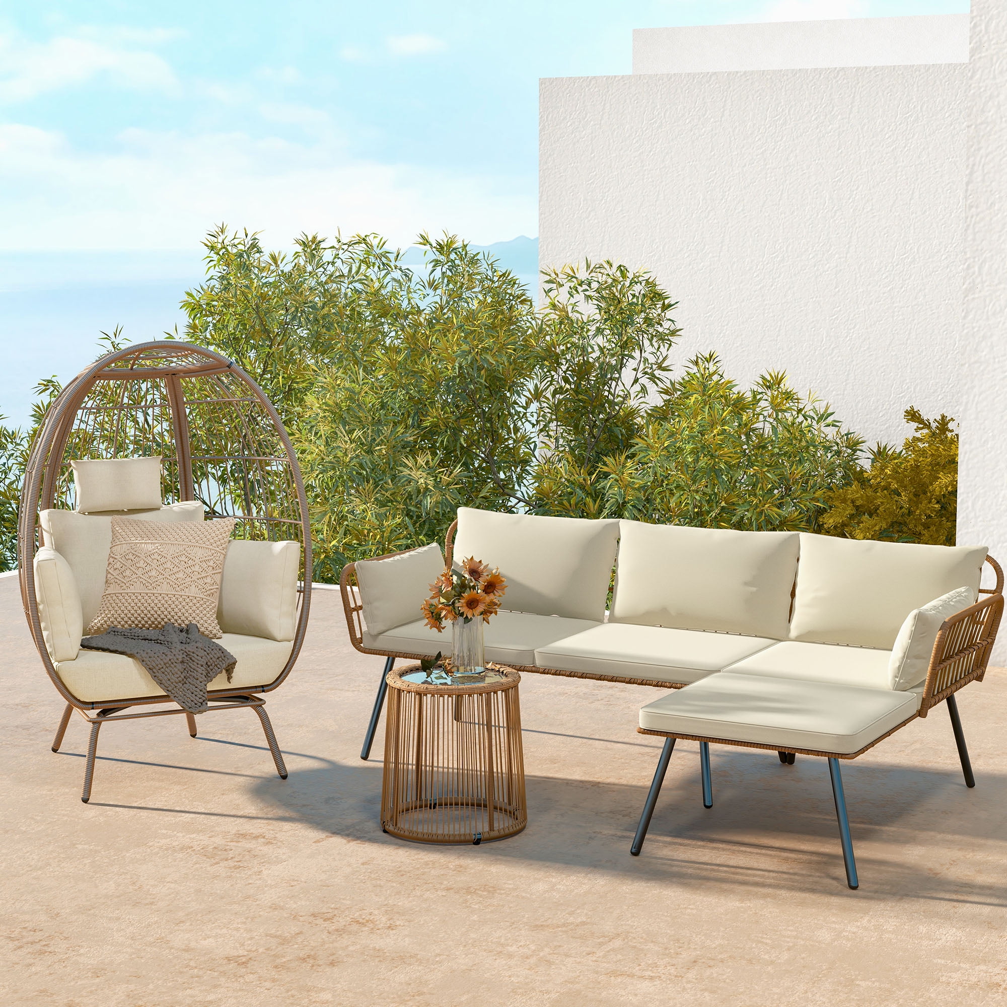 Uforic Boho Patio Conversation Sets,Outdoor Furniture Sofa Set - Club Lounge Chairs egg chair,L-Shaped Patio Sofa and Coffee Table & Cushions - Beige