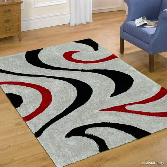 Allstar Grey Shaggy Area Rug with 3D Red and Black Lines Design. Contemporary Formal Hand Tufted (5' x 7')