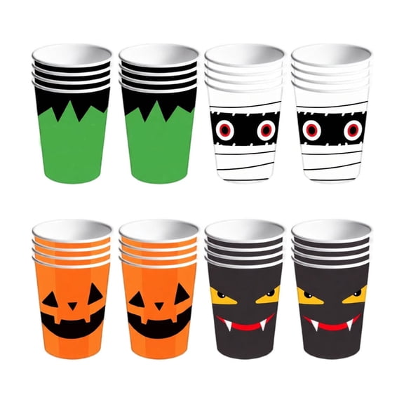 Halloween Disposable Paper Cups for Kids Party Drinkware with Pumpkin Mummy and Vampire Face Prints 8 Count