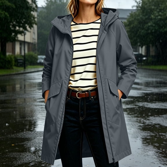 Zynoxe Women's Waterproof Windbreaker Jackets Relaxed Mid-Length Long Sleeve Casual Jackets Fashion Zip Up Hooded Jacket for Women Lightweight Solid Color Outdoor Hiking Trench Coat with Pockets S