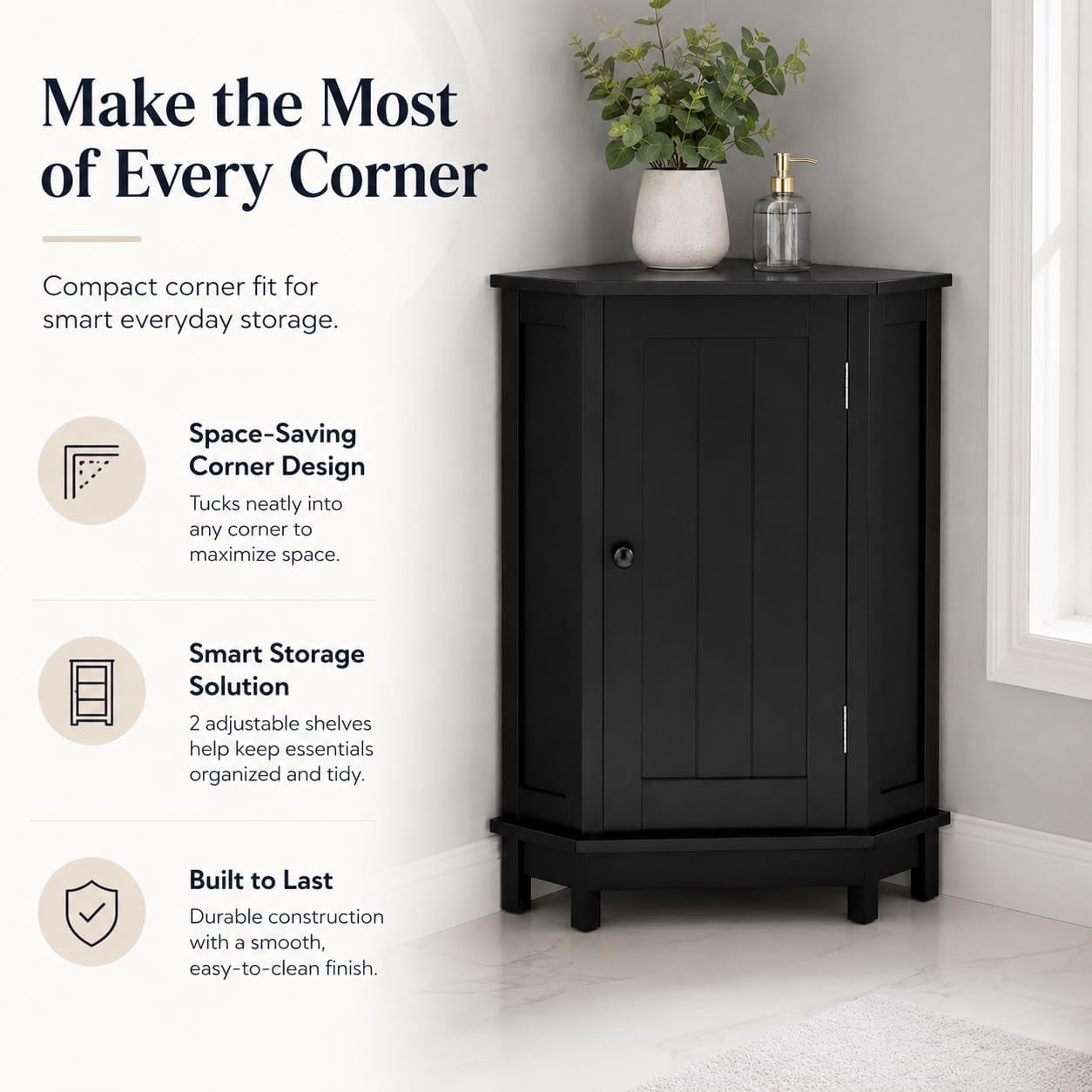 31" Corner Storage Cabinet, Wood Freestanding Triangle Floor Cabinet with Door & Shelves, Black
