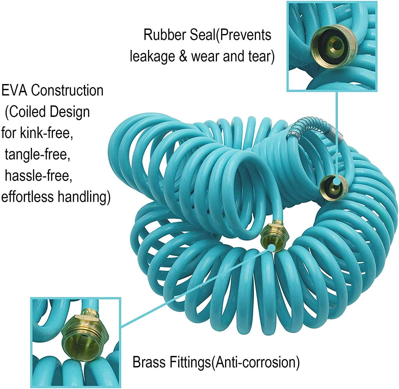 50ft EVA Curly Garden Hose with Brass Connectors, Retractable, 7-Pattern Sprayer