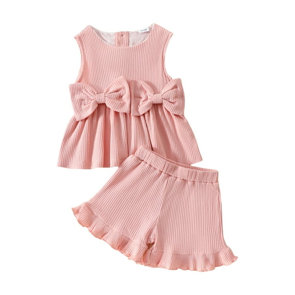 KPOPLK Baby Girl Clothes Toddler Summer Outfits Cute Bow Sleeveless Top and Ruffle Shorts 2pc Set 1 5 Years Old(Yellow&3,18-24 Months)