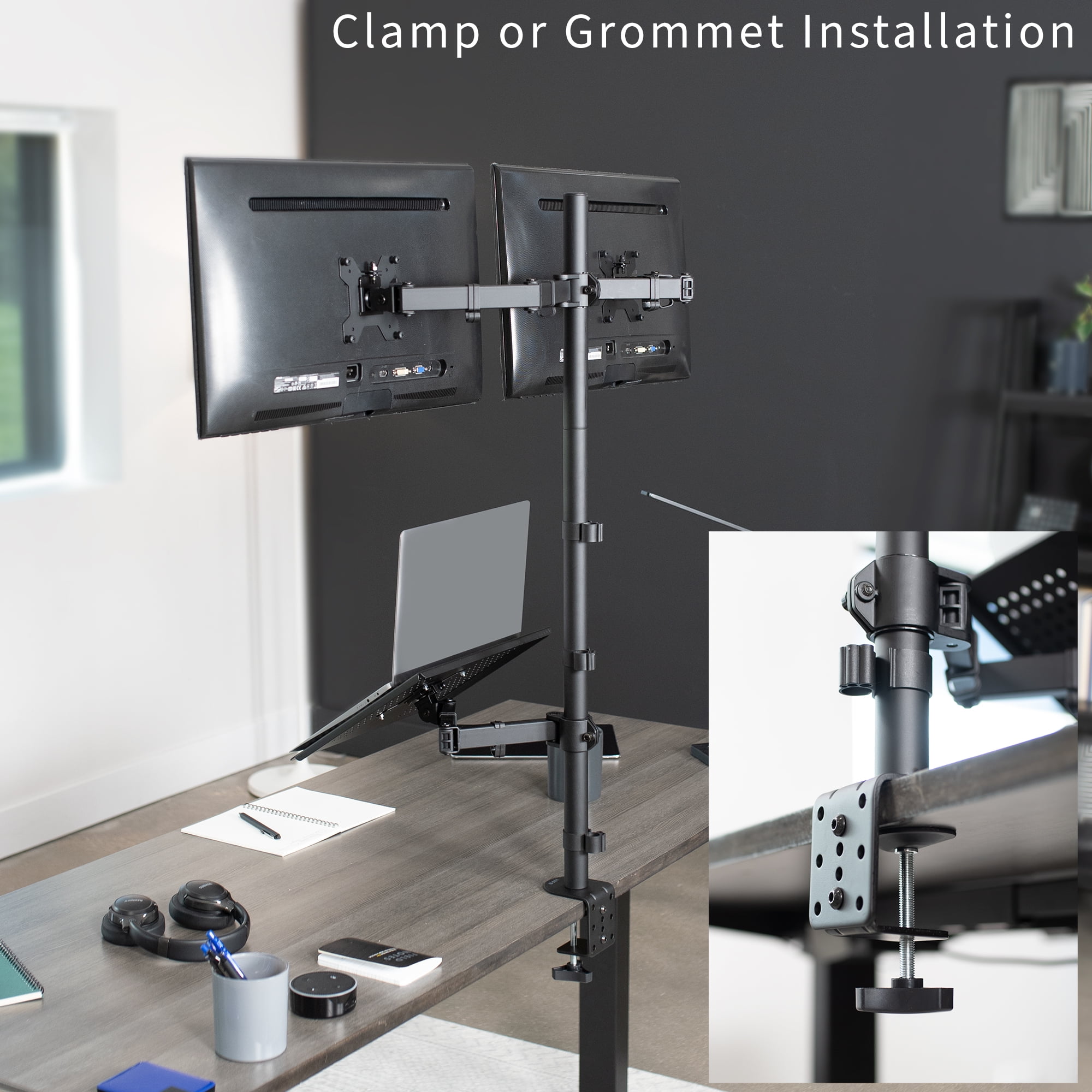 VIVO Dual 13" to 27" Monitor Mount with Laptop Holder, Tall Adjustable Stand