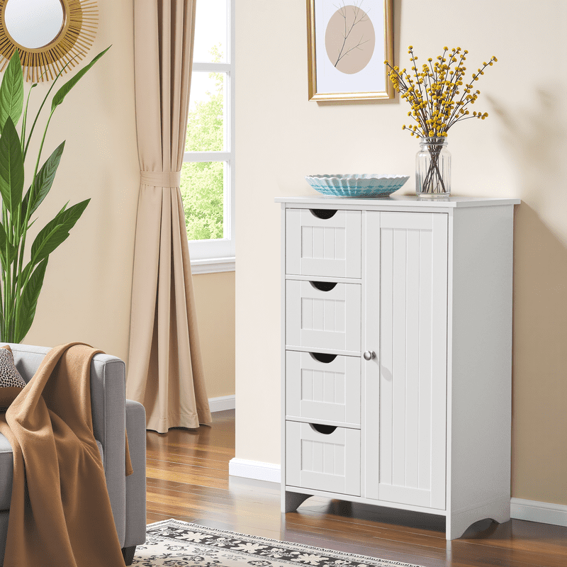 Lacoo Bathroom Storage Cabinet with 4 Drawers, Side Storage Organizer with 1 Cupboard and 2 Shelves Freestanding Cabinet, White
