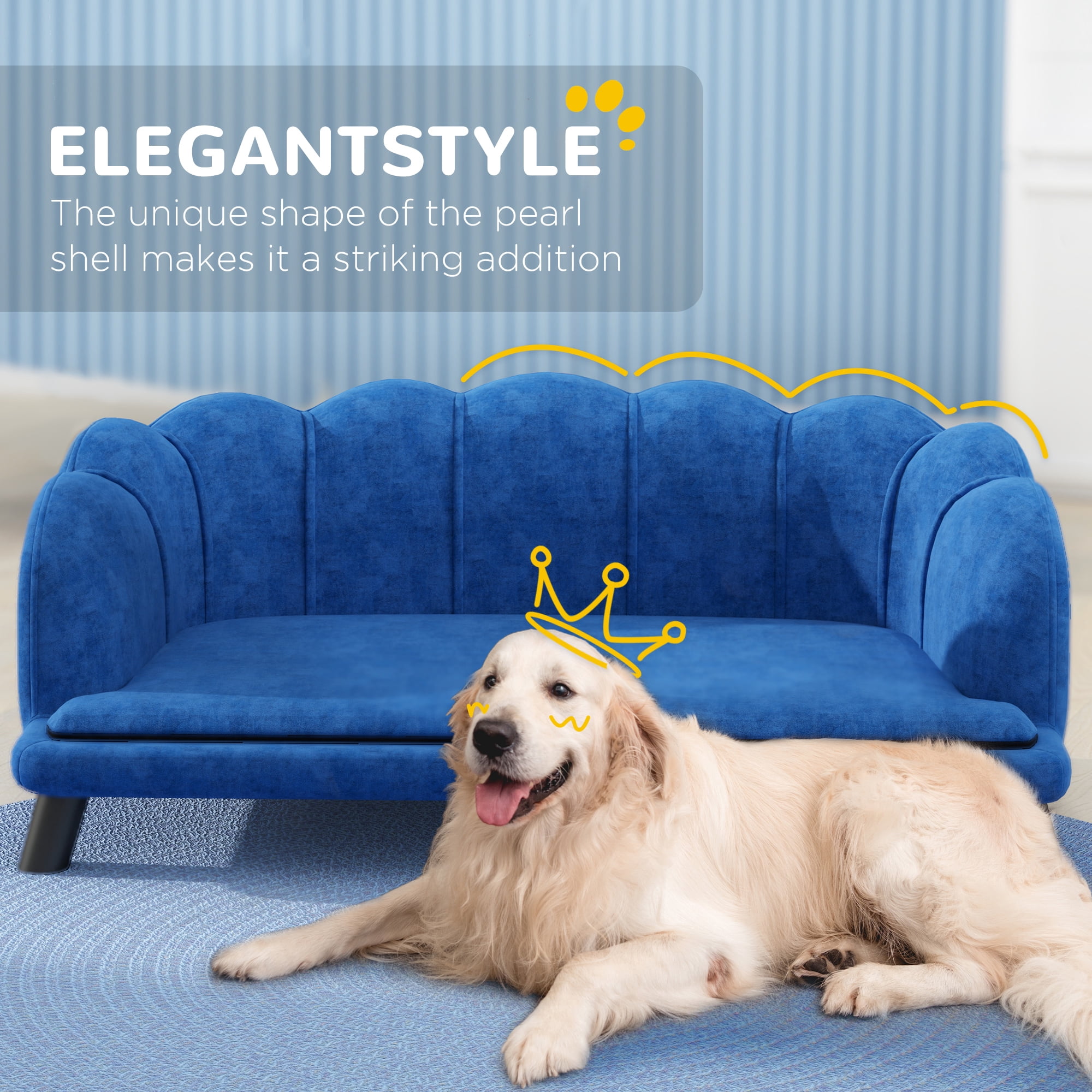 PawHut Pearl Design Pet Sofa for Medium and Large Sized Dogs, Pet Bed with Cushion and Solid Wood Legs, Dark Blue