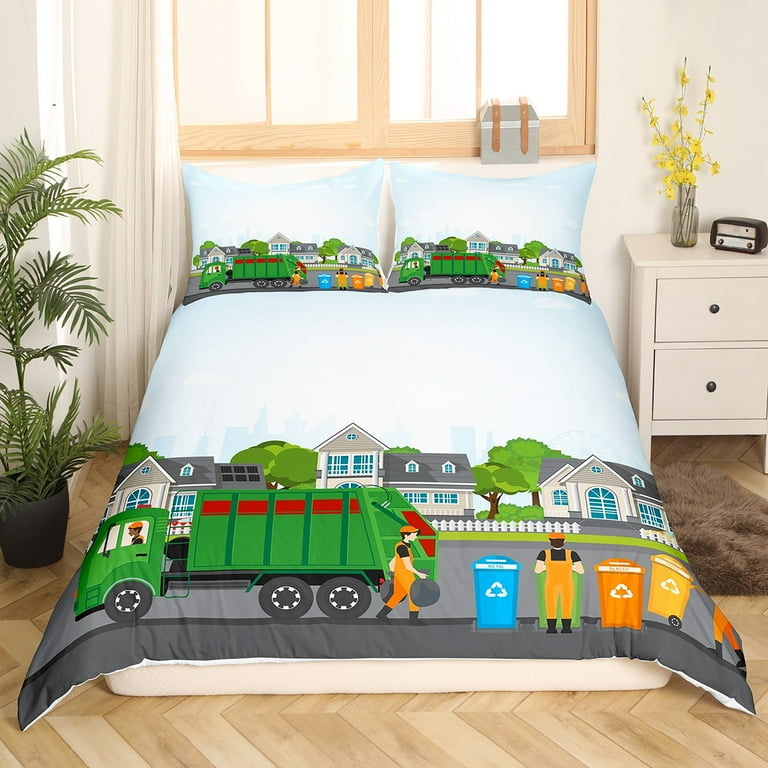Garbage Truck Bedding Set Full Size Toddler Green Truck Duvet Cover for Kids Boys Powered Waste Management Recycling Trash Truck Comforter Cover City