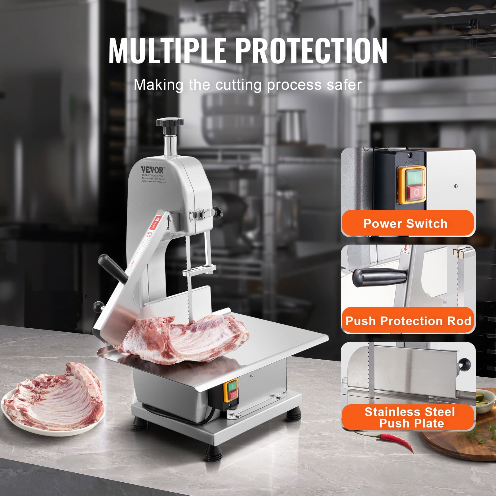 VEVOR Commercial Electric Meat Bandsaw, 1800W Stainless Steel Countertop Bone Sawing Machine,Workbeach 15" x 19.1",7.09 Inch Max Cutting Thickness,Frozen Meat Cutter with 5 Blades for Rib Pork Beef