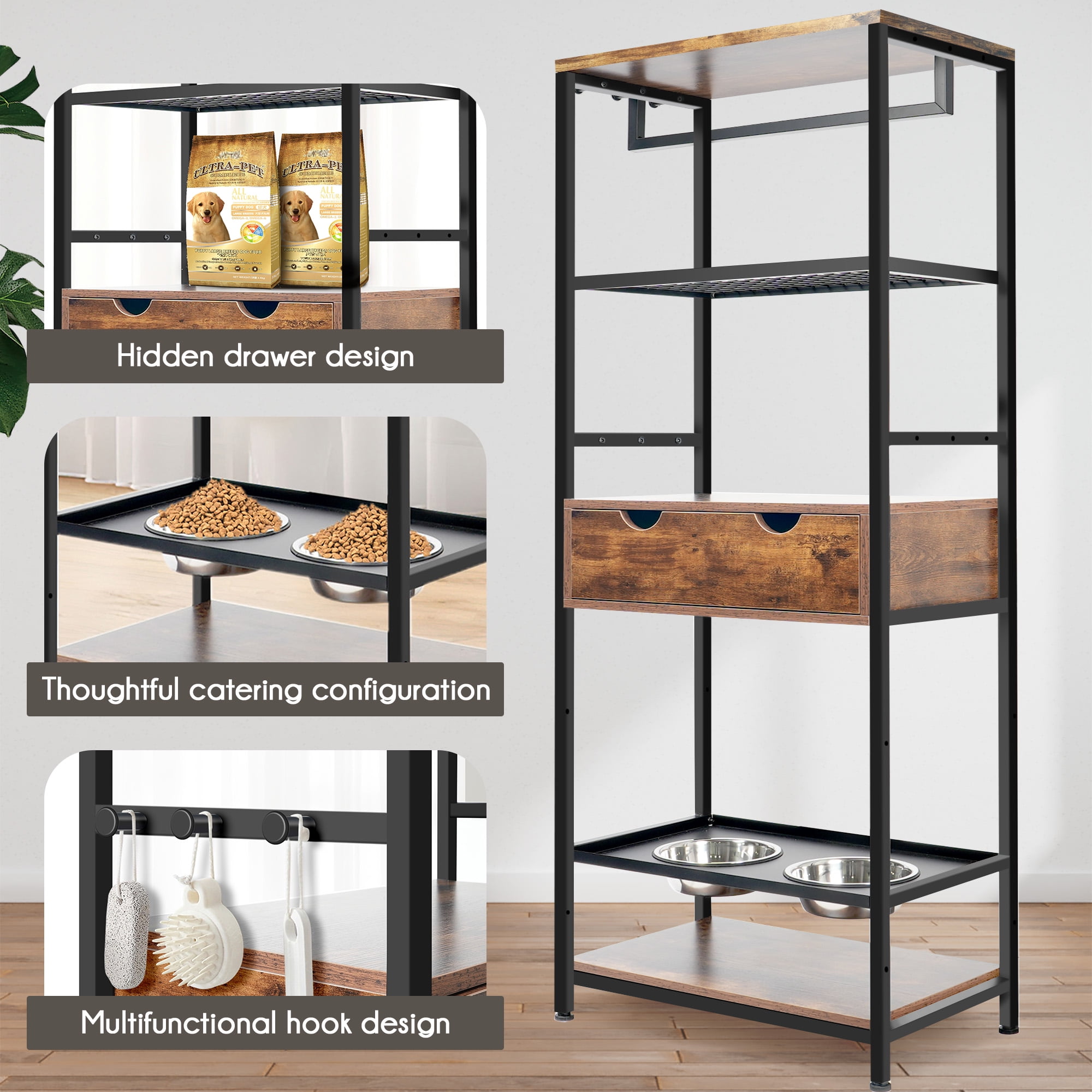Pefilos 62" Dog Feeding Station, 3 Height Adjustable Raised Dog Bowls Stand, Dog Feeder Station for Large Medium Dogs Cats, Dog Storage with Shelves, Brown