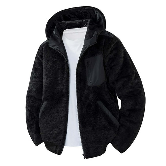 Wuxian Men Autumn Winter Hooded Jacket Fuzzy Wool Thick Thermal Zipper Up Coats With Pockets Solid Color Lined Warm Cardigan Streetwear,Black,L