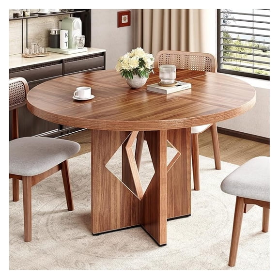 Round Dining Table for 4, 47 Inches Farmhouse Dinner Table with Wooden Pedestal Base, Modern Kitchen and Dining Room Circle Table, Space Saving Dining Table (Brown)