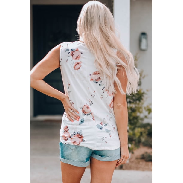 ABPHQTO Camiseta sin mangas blanca con estampado floral para mujer