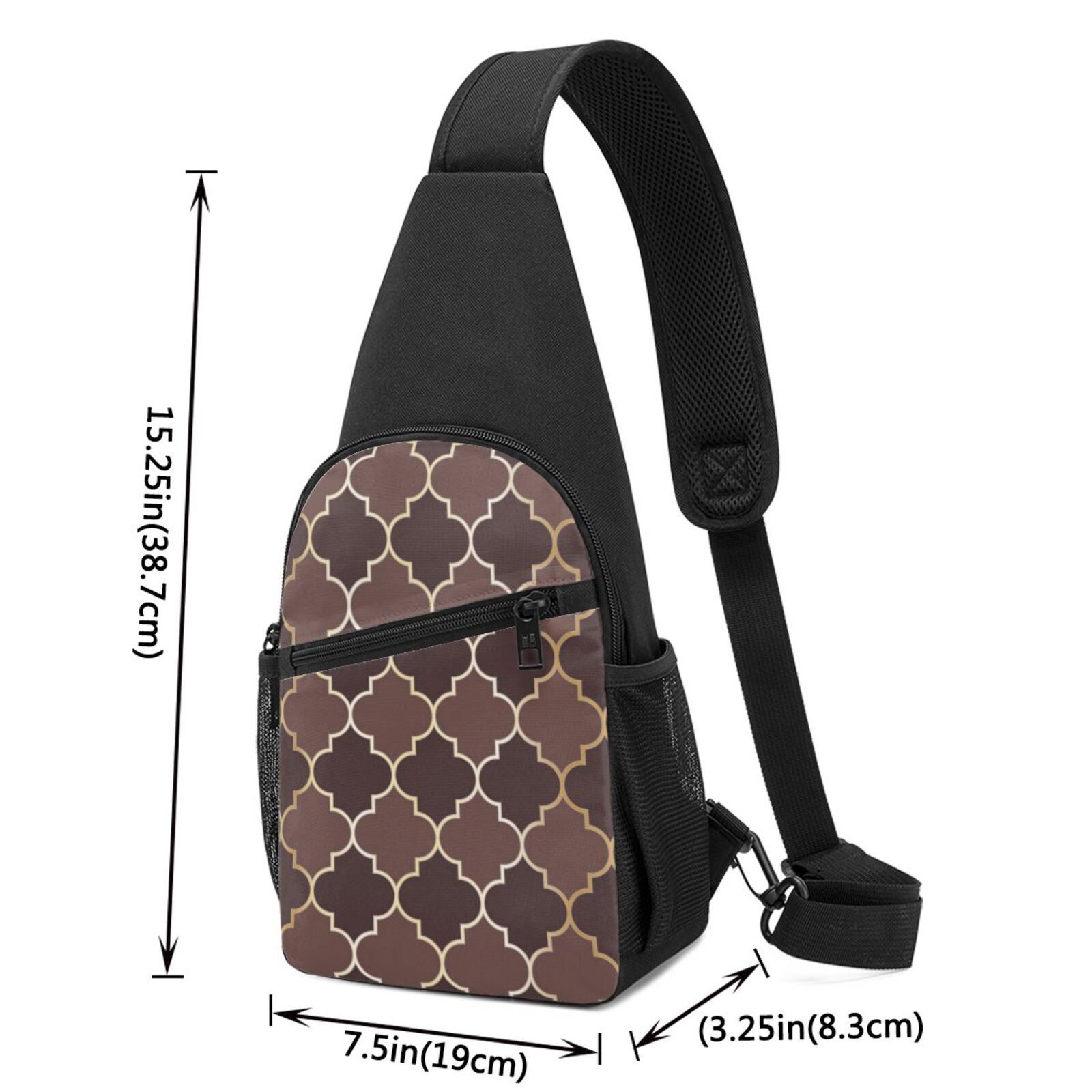Xecao's Brown Gold Grid Print Sling Bag: A Versatile Chest, Shoulder, and Crossbody Backpack for Casual Days Out, Perfect for Both Men and Women