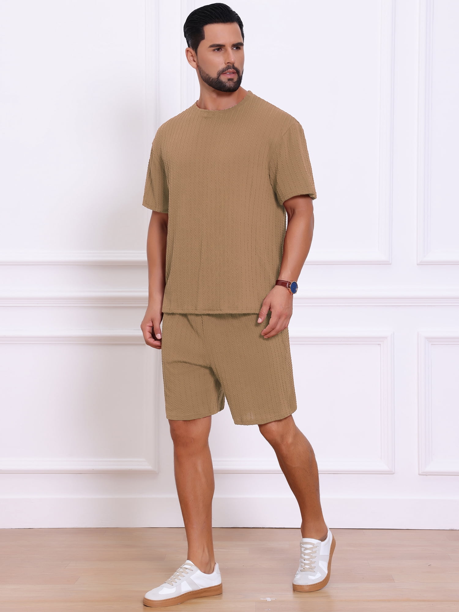 DARING DIVA Men's 2 Pieces Texture Crew Neck Shirt Top and Shorts Outfits 2XL Brown