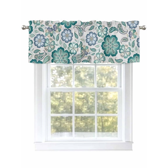 Turquoise Paisley Floral Valances for Windows, Rod Pocket Kitchen Valance Curtains - Soft & Washable Small Window Treatment for Living Room, Bathroom, Boho Vintage Flowers 54x18inch, 1 Panel