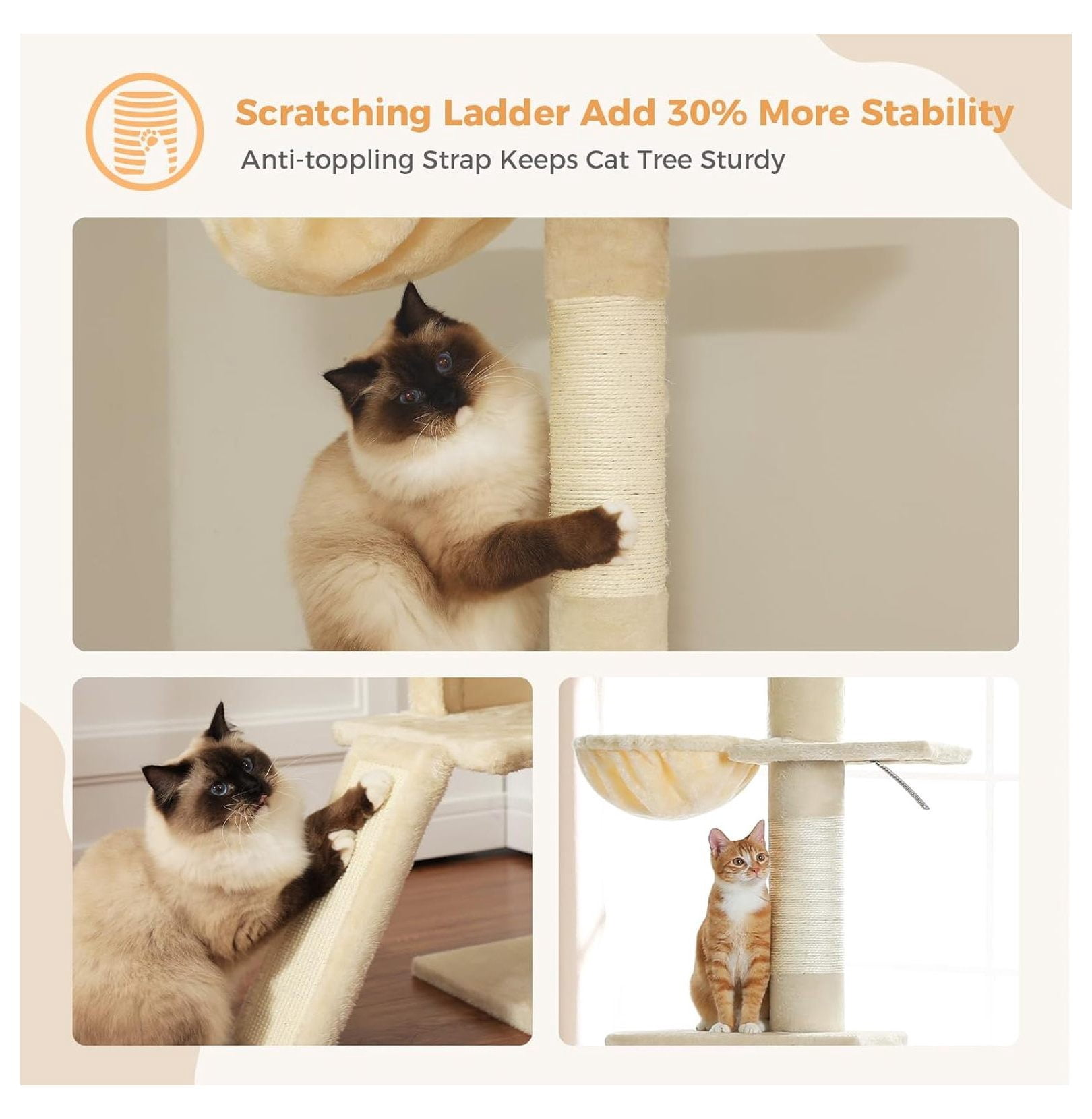 Floor to Ceiling Cat Tree, Tall Cat Tower Adjustable 83''-108'' 5 Level Indoor Cat Climbing Tree with Condo & Hammock, Scratching Post, Beige