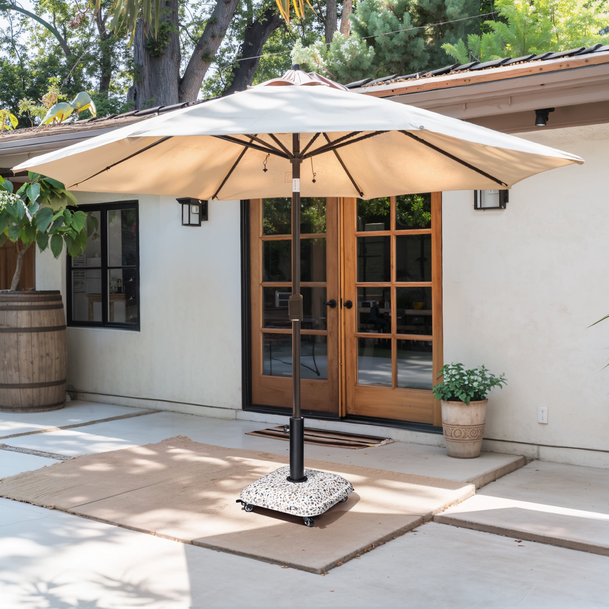 Crestlive Products Patio Umbrella Base with Wheels 45lbs, Concrete with Cobblestone Decor Heavy Duty Rolling Square Stand, for Deck Poolside Yard (Cobblestone)