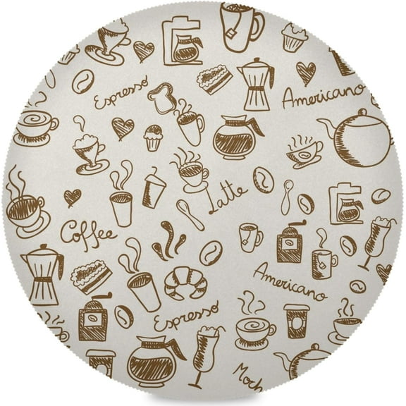 48"X 48" Vintage Doodle Coffee Cups Print Elastic Fitted Edged Round Tablecloth Fade Resistant Anti-Shrink Soft Table Cloth Washable Table Cover for Banquet Home Indoor or Outdoor
