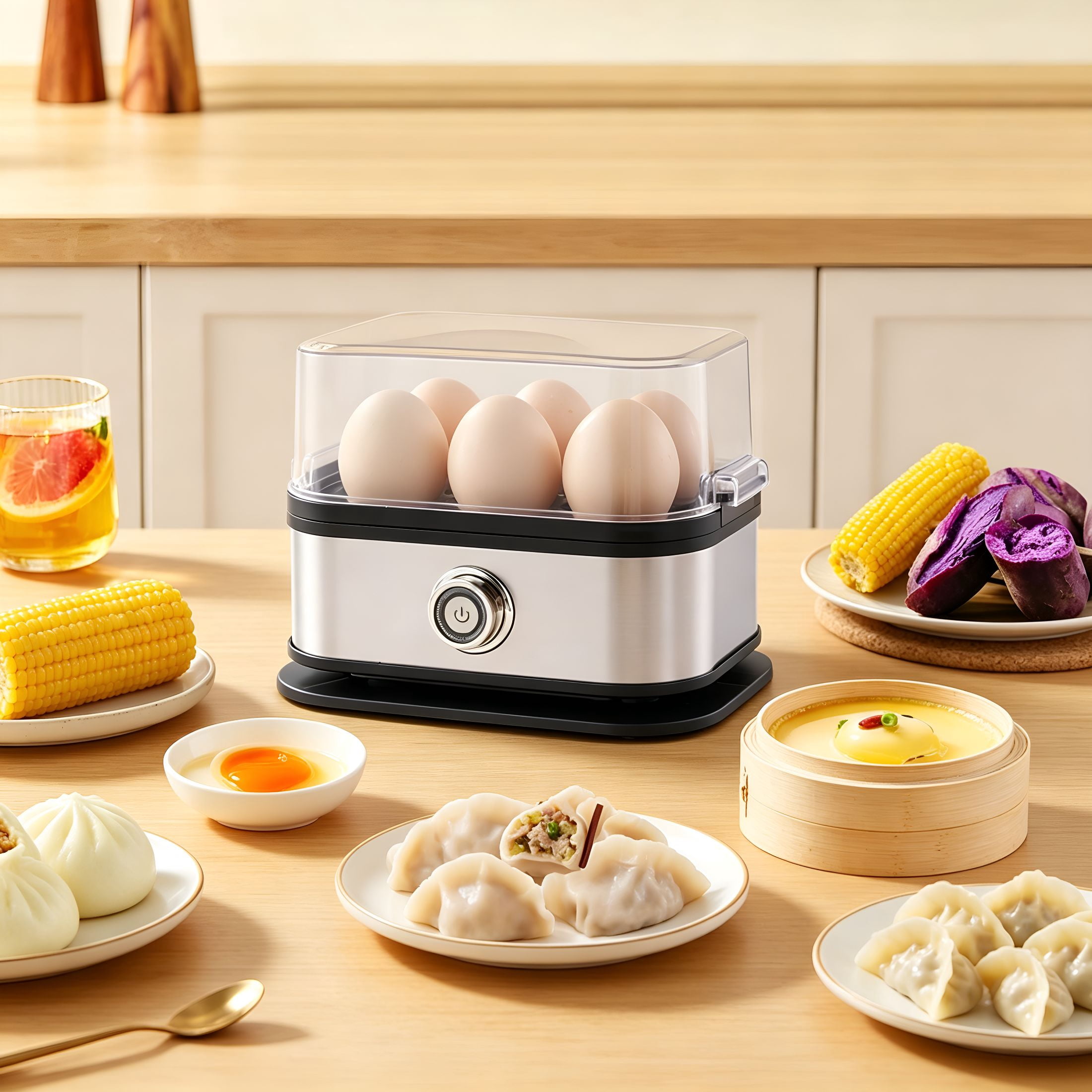 HIBIBUD Smart Egg Cooker with Auto Shut,Rapid Egg Cooker Electric 6 Eggs Capacity,Hard,Medium,Soft Boiled Egg Poacher,Egg Steamer,Multi-Function,Knob Controlled Auto Shut-Off Function