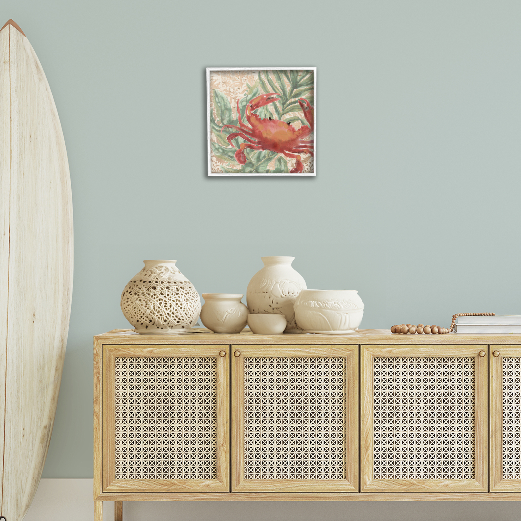 Stupell Industries Crab on Palm Leaves Animals & Insects Painting White Framed Art Print Wall Art, 17 x 17