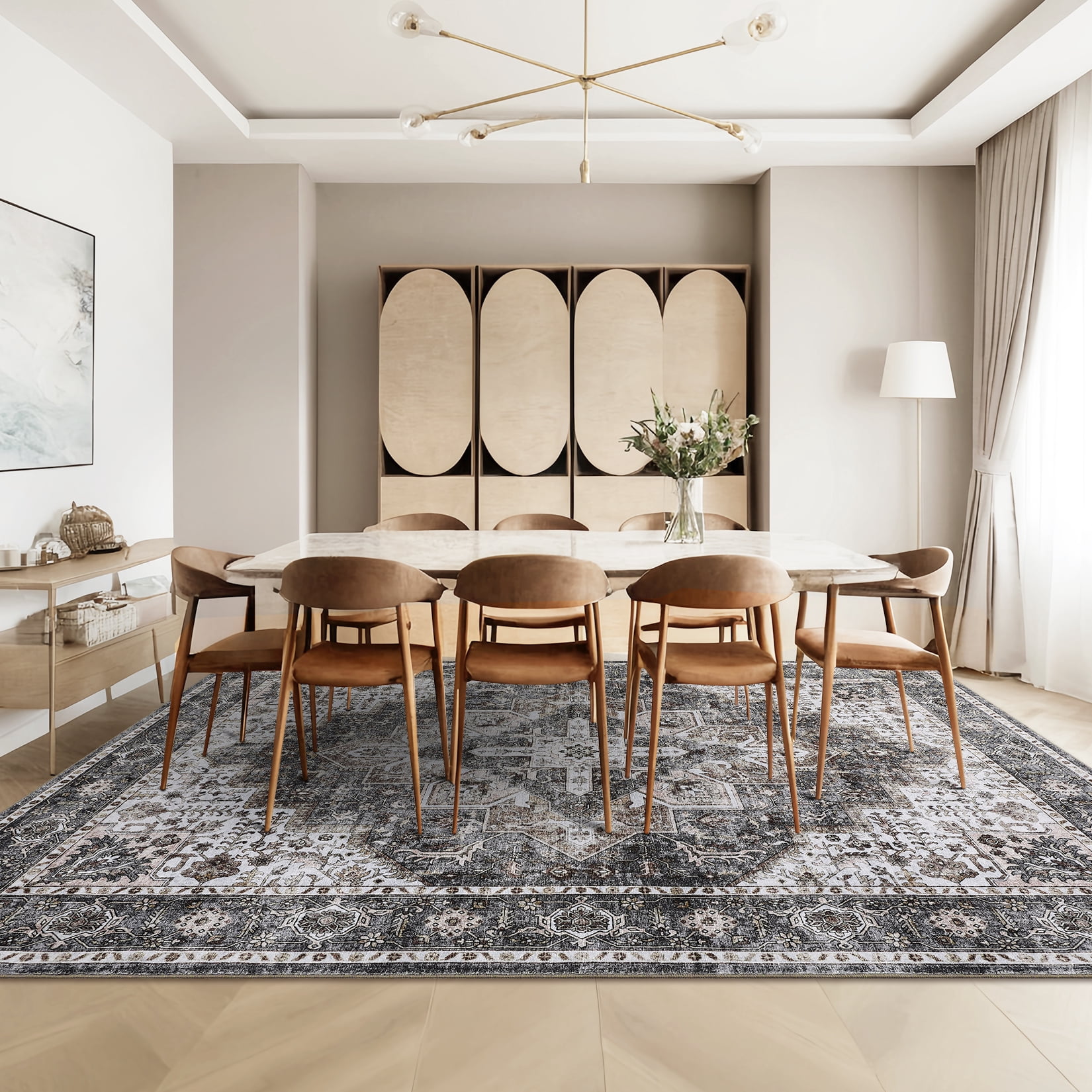 FairOnly 5'x7'Vintage Distressed Floral Machine Washable Area Rug for Bedroom Non Slip Low Pile Floor Cover for Dinning Room Kitchen Living Room,Camel