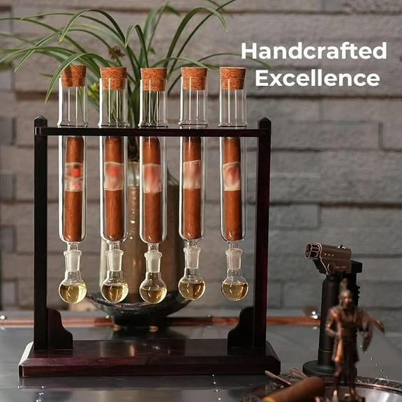 Cigar Flavor Injector Humidifier, Cigar Infuser Glass Tube Humidor Kit, Aromatherapy Hanging Wooden Base Display Rack with Straight Pipe, Ball Base & Wooden Plug, for Cigars Lovers