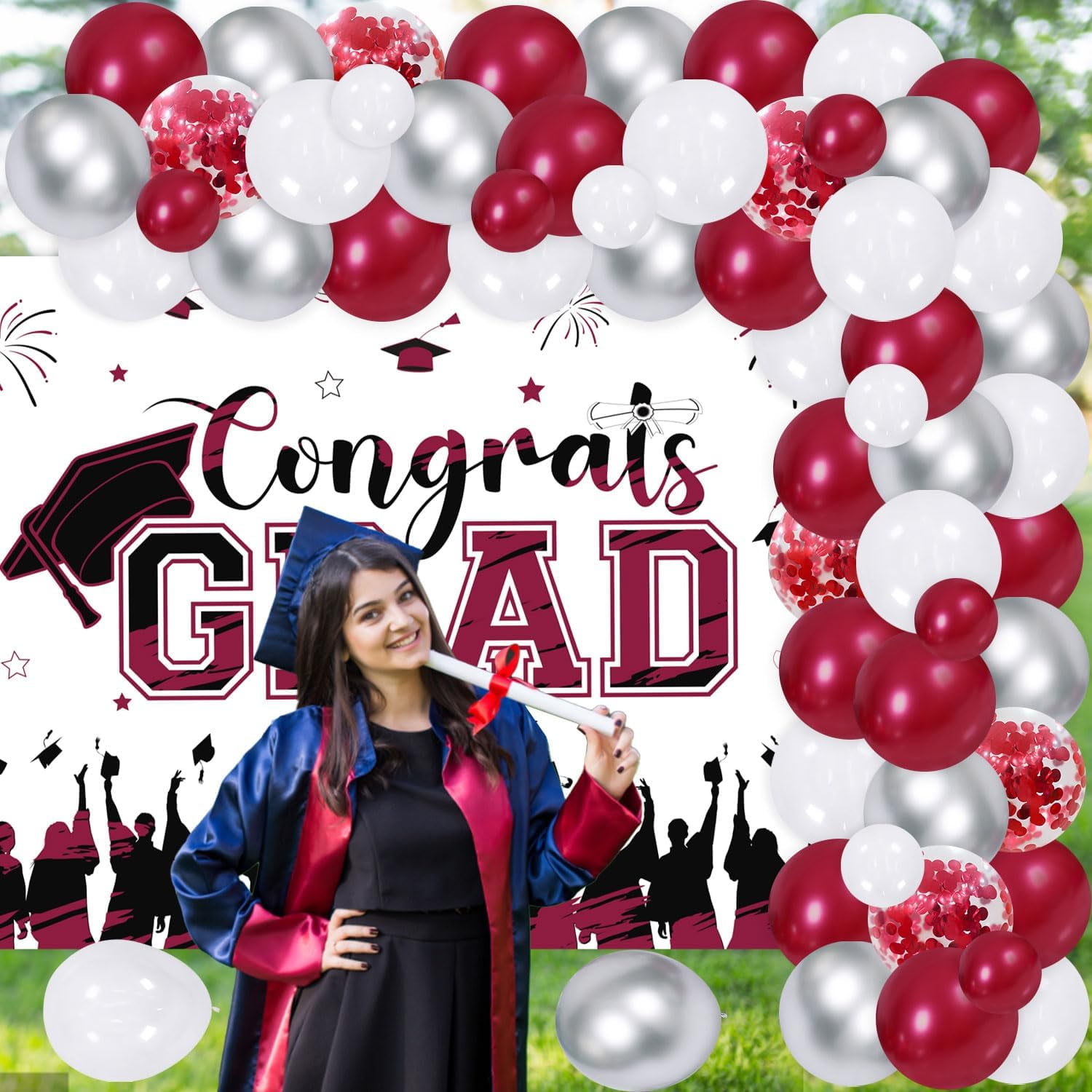 67Pcs Congrats Grad Decorations 2024, Burgundy Red Graduation Decor with Congrats Grad Backdrop Red Silver Confetti Balloon Garland Arch Kit for Class of 2024 Grad Prom Graduation Supplies