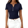 thumbnail image 7 of Qwertyu Women's 2026 Fall Summer Short Sleeve Tops Ribbed Henley Button Slim Fit Basic Casual T Shirts Blouse Clothing Navy XL, 7 of 7