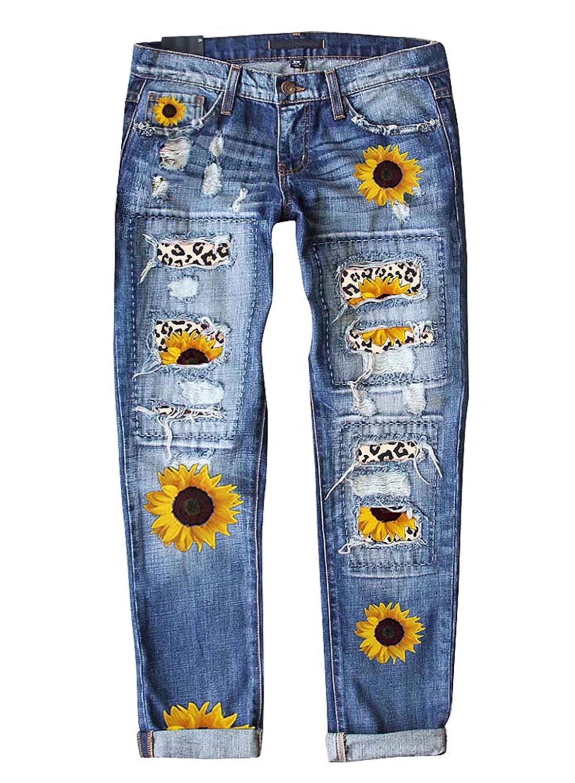 Sidefeel Women's Ripped Jeans Sunflower Leopard Pattern Print Button