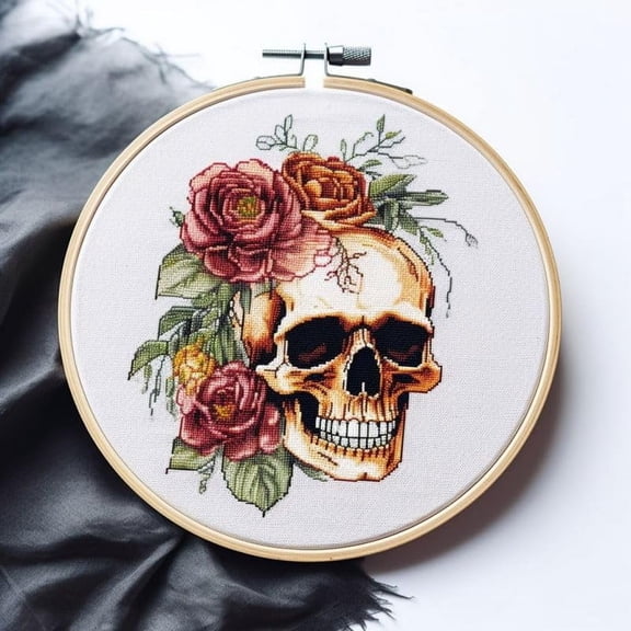Counted Easy Cross Stitch Kits Flowers Skull Color Stamped Embroidery for Starter Kits DIY 11CT Stamped Patterns Embroidery Needlework Kit Supplies 12 Inch Hoop Included(84-X)