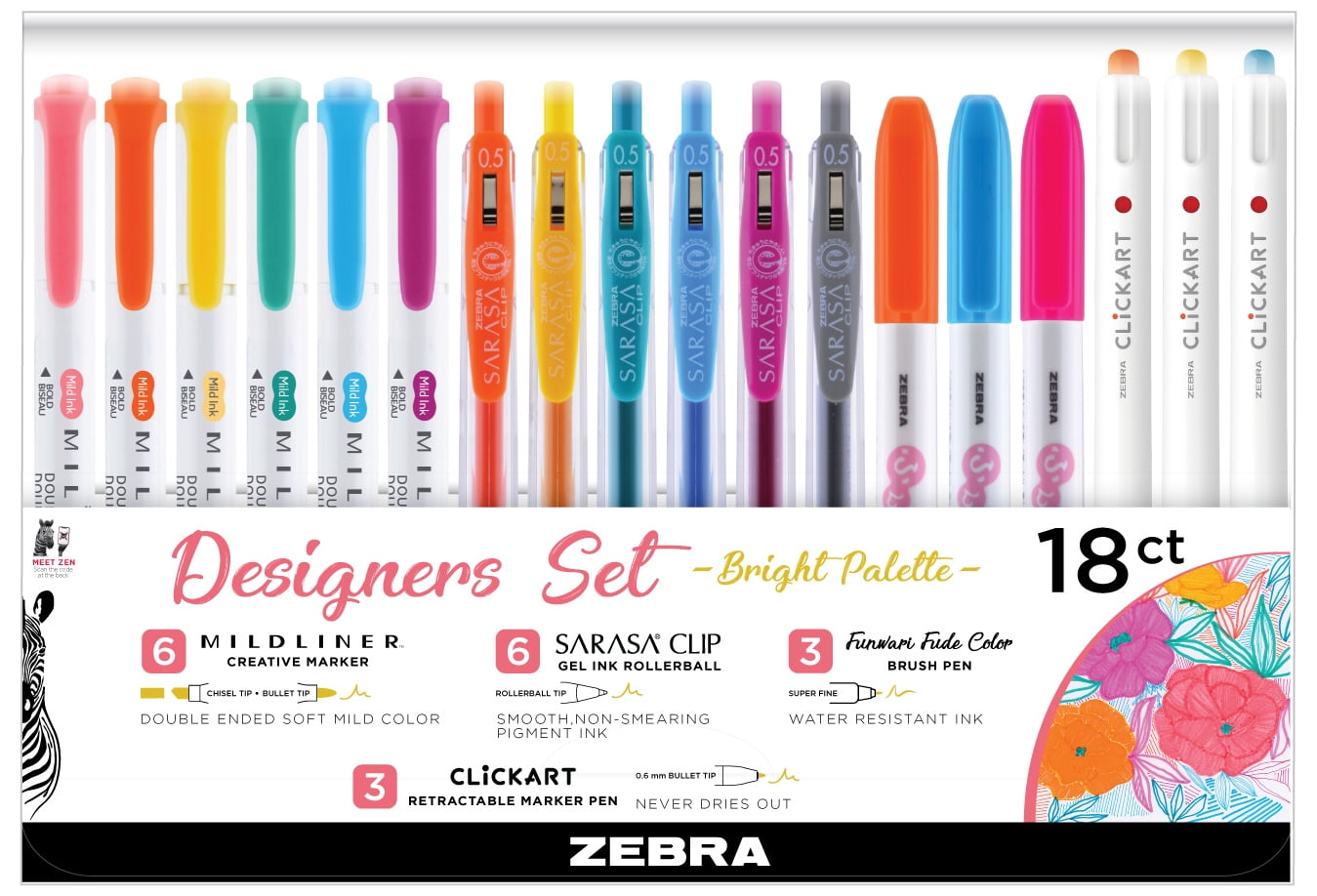 Zebra Pen Designer Set Bright Palette Assorted Sarasa Retractable Gel Pen, Midliner, Funwari Brush Pen and ClickArt Marker Custom Variety Set 18pc
