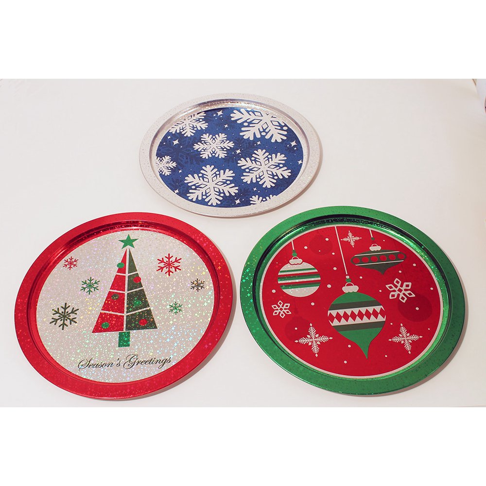 Holiday Christmas Glittery Round Tray Holiday Christmas Metal Tin