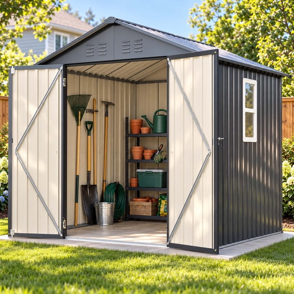 LZBEITEM 6x6 ft Outdoor Storage Shed, Metal Outdoor Garden Shed with Window & Lockable Hinged Doors, Heavy-Duty Steel Tool Shed with Vents for Backyard Patio Lawn, Black