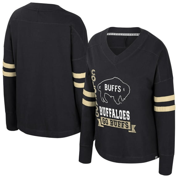 Women's Colosseum Black Colorado Buffaloes Oversized Violet Distressed V-Neck Long Sleeve T-Shirt