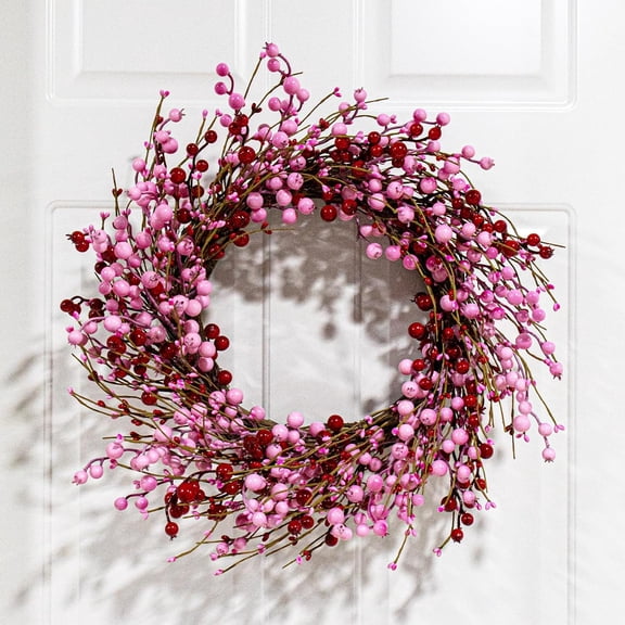 JEWLALO Valentines Day Wreath, 22 Inch Valentines Day Wreaths for Front Door, Artificial Valentine’s Day Door Wreath with Pink and Red Berries for Valentine's Day Anniversary Wedding Decors