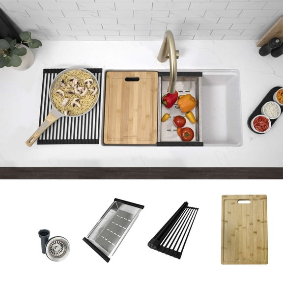 Stylish Dual Mount 28" White Composite Granite Single Bowl Kitchen Sink with 4 accs S-828WH