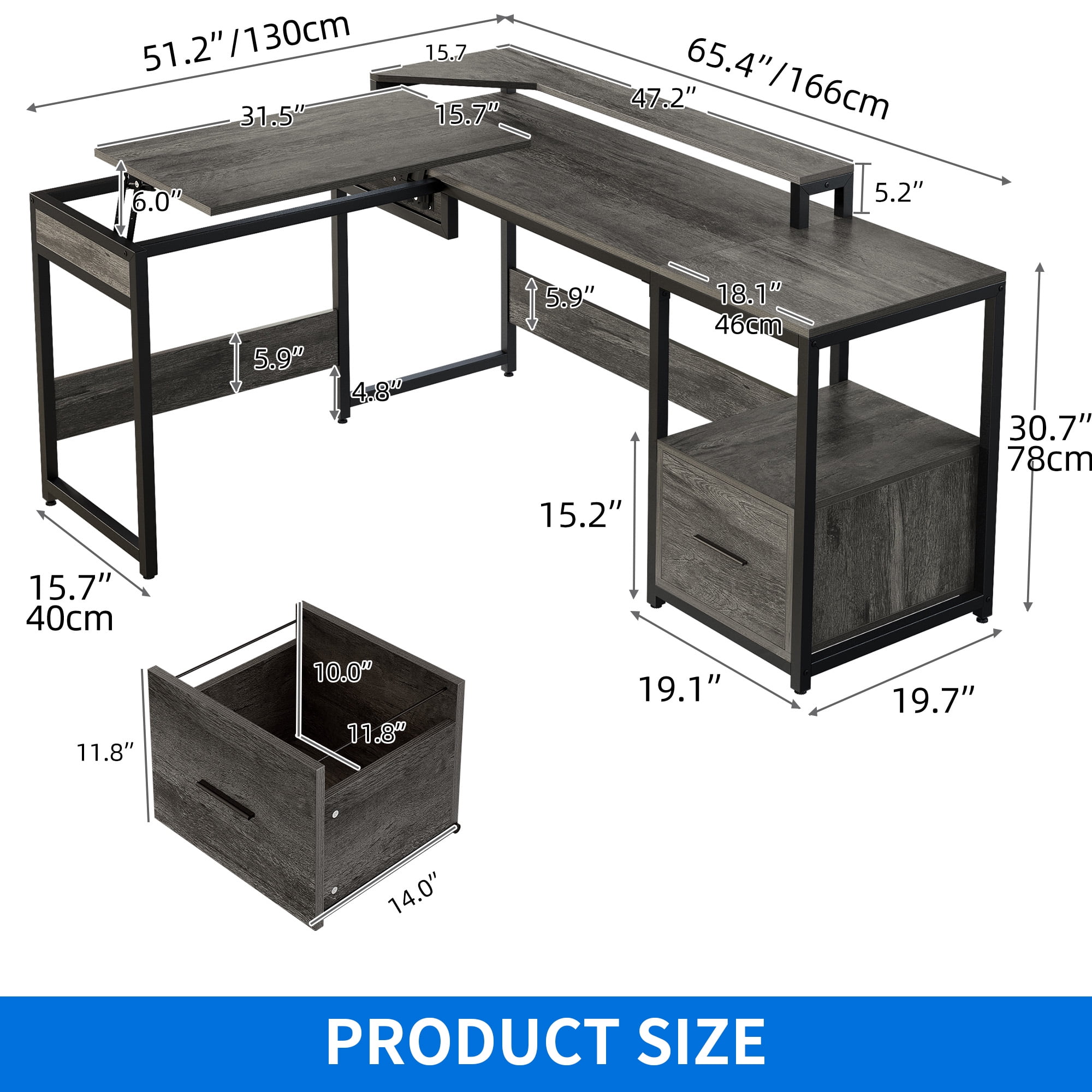 Uforic 65" L Shaped Desk with Lift Top & Monitor Stand, Computer Desk with File Drawer, Corner Desk Office Desk Executive Desk with Storage Shelves for Home Office, Gray