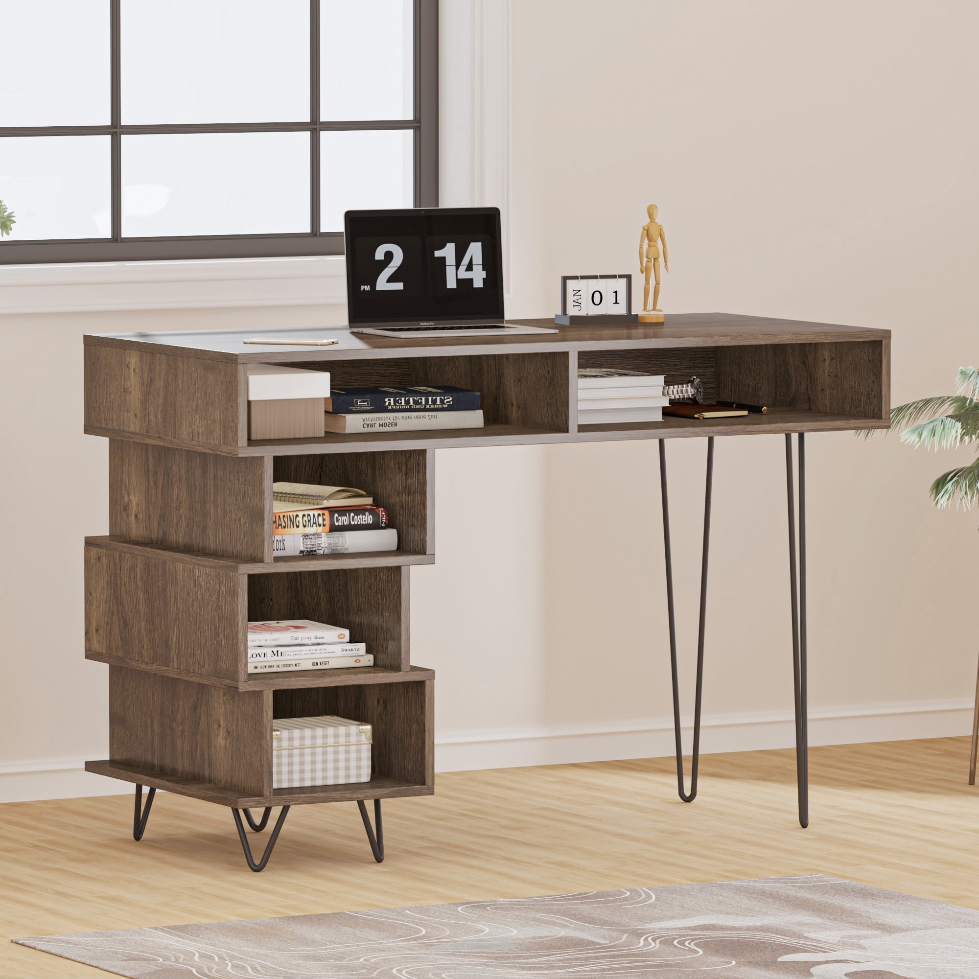 Koifuxii Home Office Modern Computer Desk Hairpin Writing Desk with 5 Open Drawers, Brown