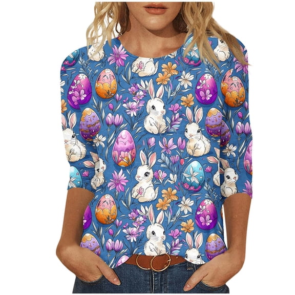 Blouses for Women,Women Easter Shirts 2025 Cute Rabbit Bunny Pullovers Religious Tunic Blouse Funny Egg Graphic Tees 3/4 Length Sleeve Tops