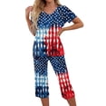 thumbnail image 2 of 4th of July Women's Pajama Set 2 Pieces Soft Comfy Pajamas Red Blue Flag and Star Print Short Sleeve Capri Pants Pjs Set with Pockets, 2 of 6