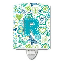 Caroline's Treasures CJ2006-RCNL Letter R Flowers and Butterflies Teal Blue Ceramic Night Light, 6x4x3", multicolor