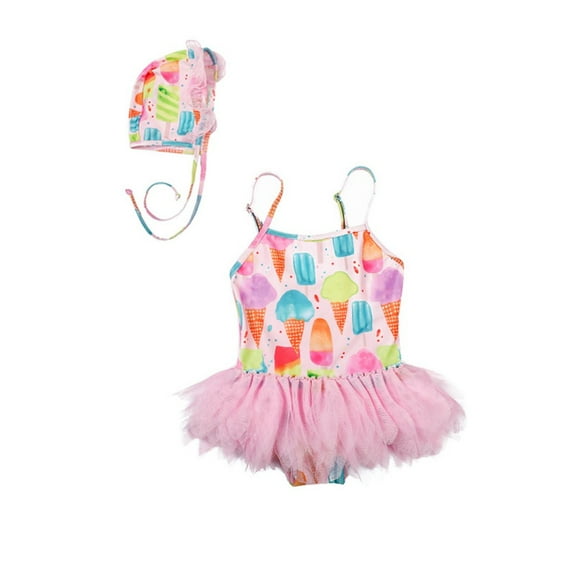 Fesfesfes Baby Kids Girls Swimwear Cute Ice Cream Print One Piece Swimwear Swimming Hat Set Two Pieces Swimsuit